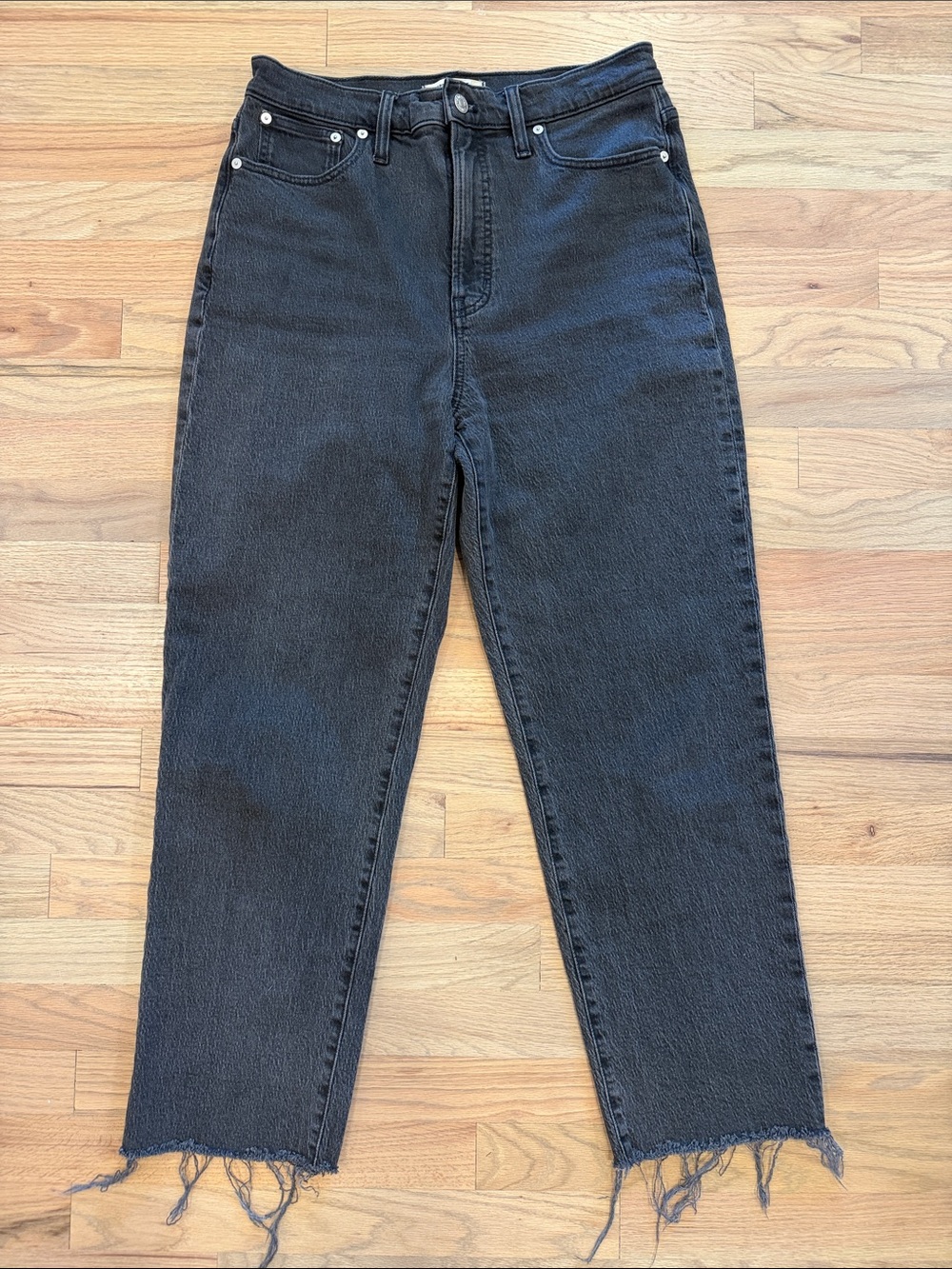 Madewell Perfect Vintage Washed Black High-Rise Straight Jeans with Frayed Hem